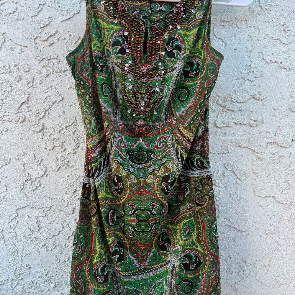 INC International Concepts Green Paisley Beaded Mini Dress